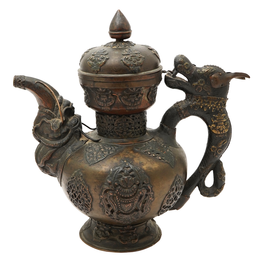 A large Tibetan repoussé brass and copper ewer, 19th century